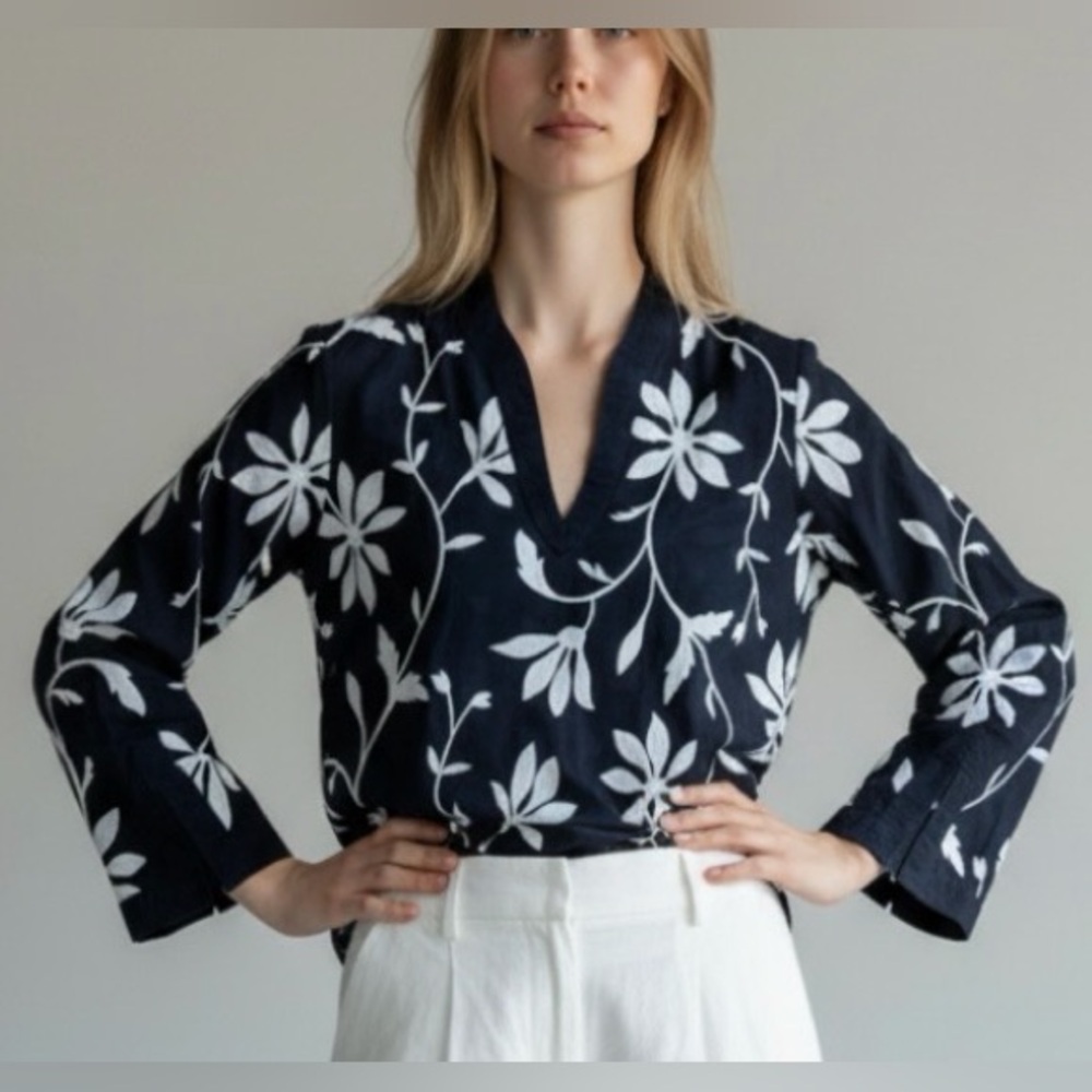 Talbots Navy Floral Embroidered V-Neck Top